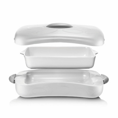 Conjunto de tachos em cerâmica branca com tampa de plástico branca