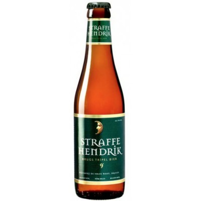 Garrafa de cerveja Straffe Hendrik com rótulo verde escuro e texto branco