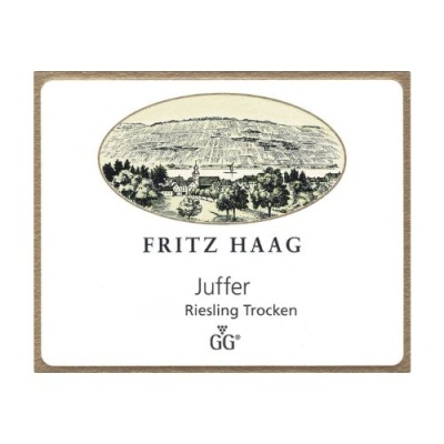 Etiqueta de vinho Fritz Haag Juffer Riesling Trocken GG com desenho de paisagem preto e branco