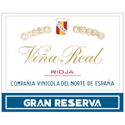 Etiqueta de vinho Viña Real Rioja Gran Reserva com medalhas e escudo colorido