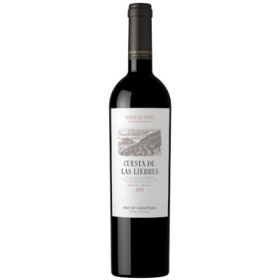 Garrafa de vinho tinto Cuesta de las Liebres com rótulo branco e imagem monocromática de colinas