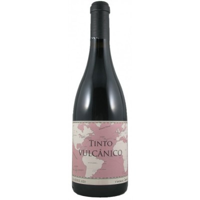 Garrafa de vinho tinto com rótulo rosa e mapa-múndi