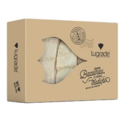 Caixa de bacalhau seco da marca Lugrade com janela transparente