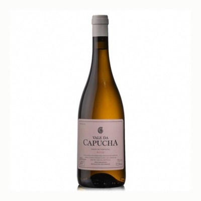 Garrafa de vinho branco com rótulo rosa e tampa cinza numa superfície branca