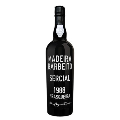 Garrafa preta de vinho Madeira Barbeito Sercial 1988 com rótulo em branco