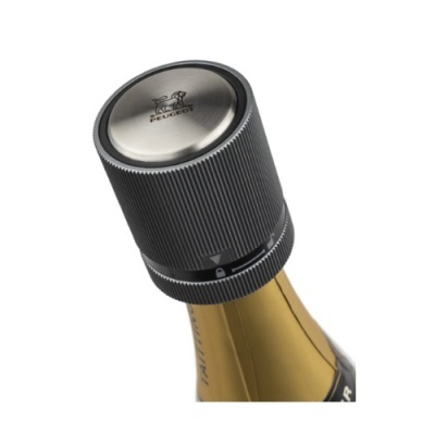 Fechador de garrafa de champanhe preto e metal com logotipo PEUGEOT numa garrafa dourada