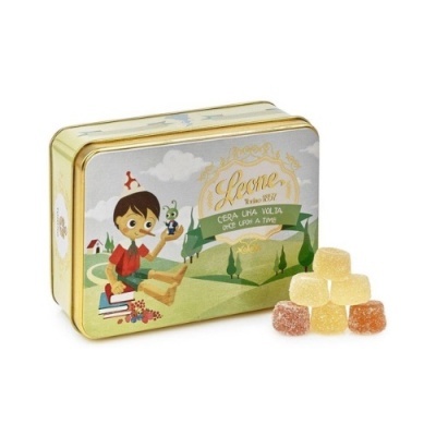 Caixa metálica decorativa com ilustração e pastilhas coloridas