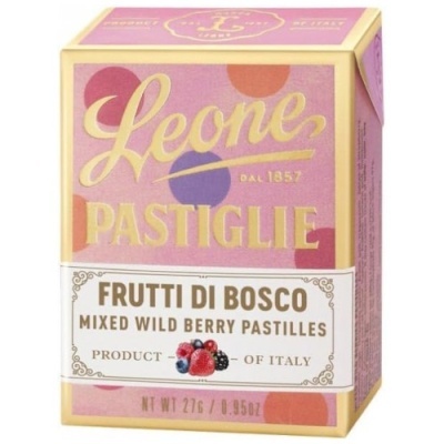 Embalagem rosa e dourada de pastilhas Leone Frutti di Bosco com texto e ilustrações de frutos vermelhos