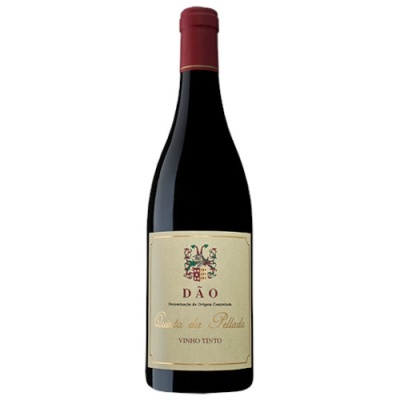 Garrafa de vinho tinto com rótulo creme e tampa vermelha