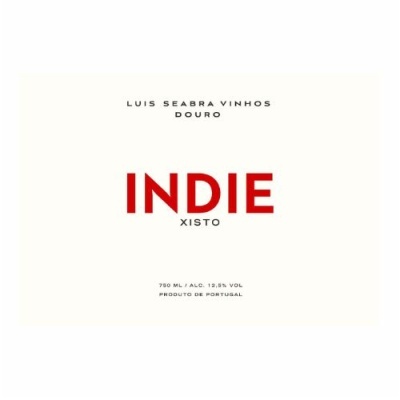 Rótulo de vinho branco com texto em preto e vermelho, design minimalista