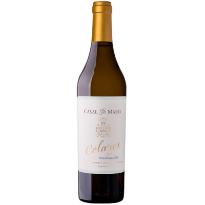 Garrafa de vinho branco Casal Sta Maria Colares Malvasia 2019 com rótulo branco e cápsula dourada