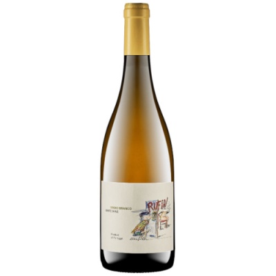 Garrafa de vinho branco com rótulo branco e cápsula dourada