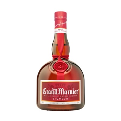 Garrafa de licor Grand Marnier com rótulo vermelho e lacre de cera