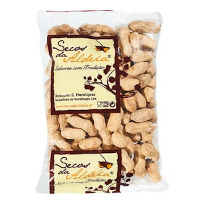 Pacote de amendoins com casca com etiqueta amarela Secos da Aldeia