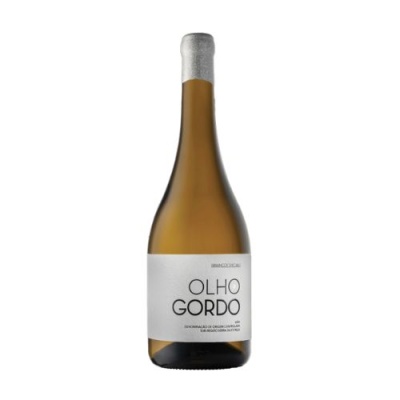 Garrafa de vinho branco Olho Gordo com rótulo branco e rolha prateada