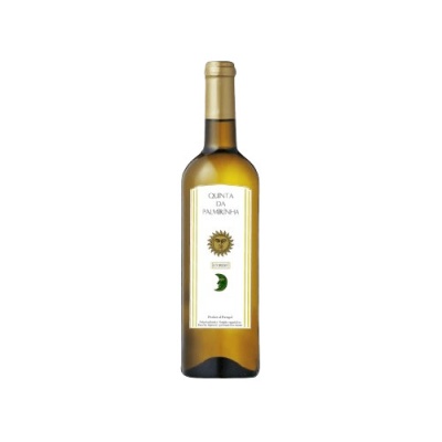 Garrafa de vinho branco com rótulo branco com texto e símbolos do sol e lua