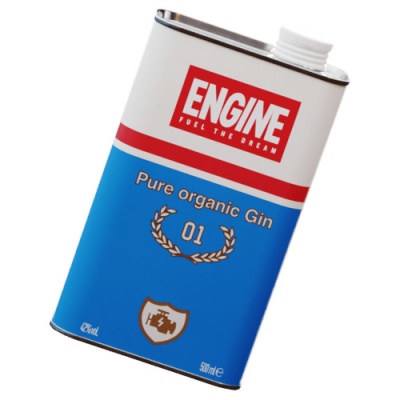 Lata com gin orgânico azul e branco da marca ENGINE com 500 ml