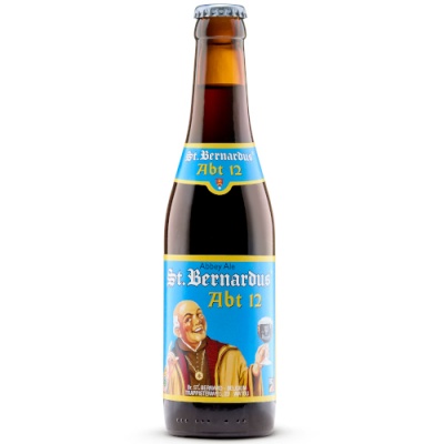 Garrafa de cerveja St. Bernardus Abt 12 com rótulo azul e imagem de monge