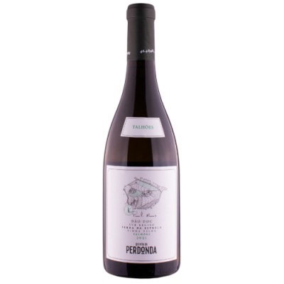 Garrafa de vinho tinto Perdónda com rótulo branco e desenho de peixe