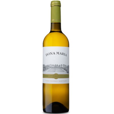 Garrafa de vinho branco Dona Maria com rótulo branco e rolha verde