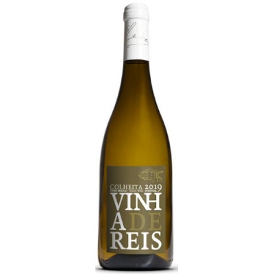 Garrafa de vinho branco Vinha de Reis 2019 com rótulo cinza escuro e tampa branca