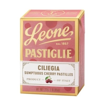 Caixa de pastilhas Leone de cereja vermelha com detalhes dourados e texto em branco e dourado