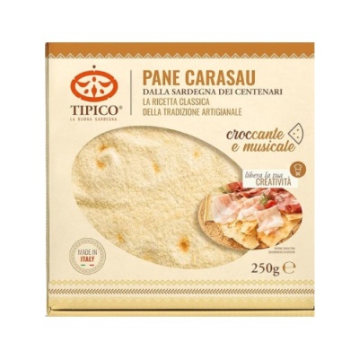 Pacote de Pane Carasau Tipico 250g com bolacha redonda fina visível