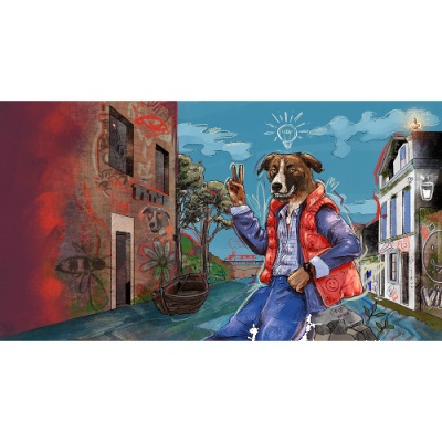 Ilustração de cão vestindo roupas urbanas numa paisagem com grafitis