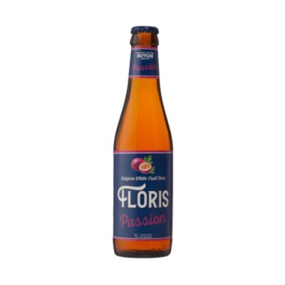 Garrafa de cerveja Floris Passion com rótulo azul escuro