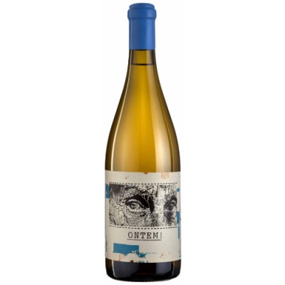Garrafa de vinho branco com etiqueta artística e rolha azul