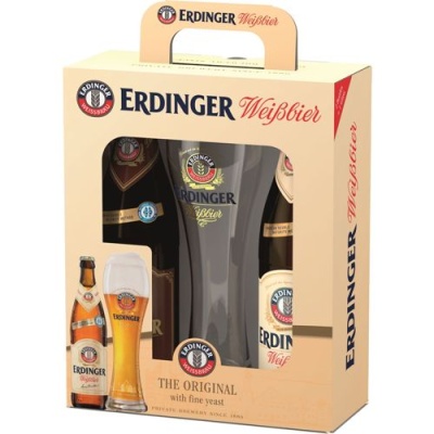 Pack de cerveja Erdinger Weißbier com duas garrafas e um copo de vidro