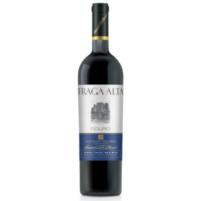 Garrafa de vinho tinto Fraga Alta DO Douro com rótulo branco e azul