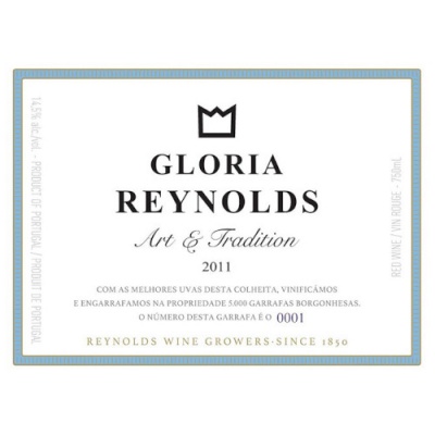 Etiqueta de vinho Gloria Reynolds 2011 com texto em português e detalhes em azul e dourado