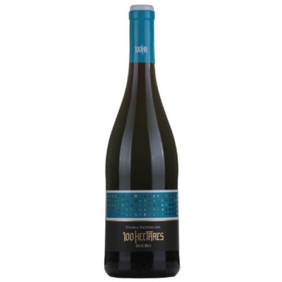 Garrafa de vinho tinto 100 HECTARES DOUBRO com rótulo preto e azul