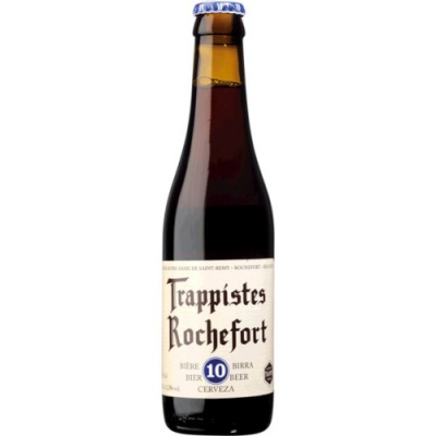 Garrafa de cerveja Trappistes Rochefort 10 em vidro castanho com rótulo branco