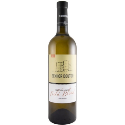 Garrafa de vinho Senhor Doutor Field Blend com rótulo creme e tampa preta