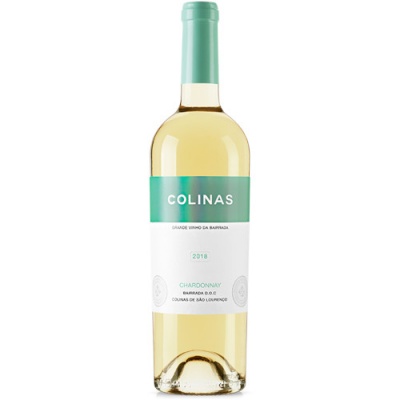 Garrafa de vinho branco COLINAS 2018 Chardonnay com rótulo verde e branco.