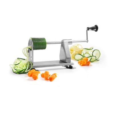 Descascador metálico com manivela para cortar legumes em espiral