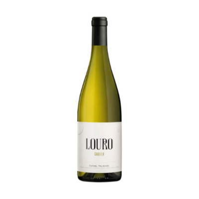 Garrafa de vinho branco Louro Chardonnay com rótulo branco e tampa preta