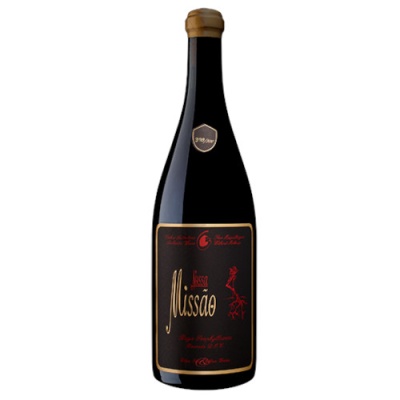 Garrafa de vinho tinto Jussoa Missão com rótulo preto e vermelho