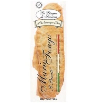 Bolachas tipo 'Lingue di Suocera' embaladas, 200g, com texto em italiano e design clássico.