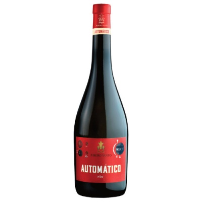 Garrafa de vidro escura com rótulo vermelho e tampa vermelha