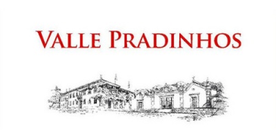 Logotipo com texto VALLE PRADINHOS e desenho de edifícios tradicionais