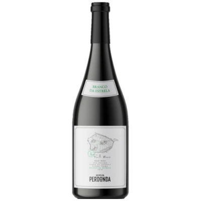 Garrafa de vinho escura com rótulo branco e texto BRANCO DA ESTRELA e PERDONDA