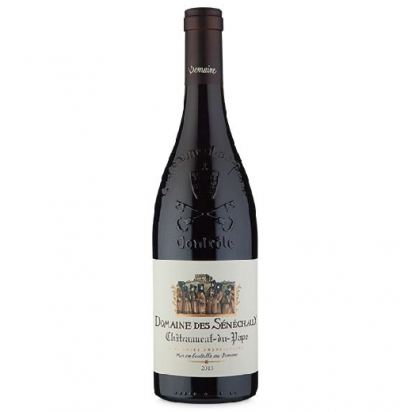 Garrafa de vinho Domaine des Sénéchaux Châteauneuf-du-Pape 2013 com rótulo branco e imagem colorida