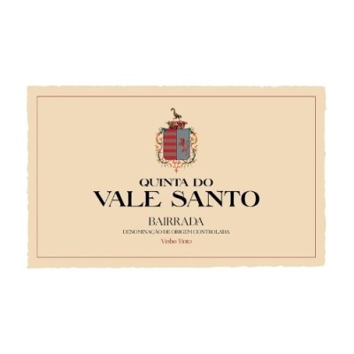 Etiqueta de vinho Quinta do Vale Santo com brasão e texto em fundo bege