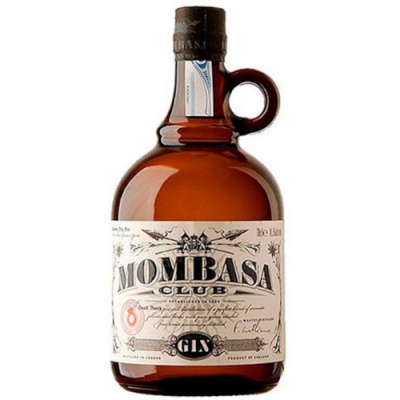 Garrafa de vidro castanha de gin com rótulo branco e texto preto MOMBASA CLUB