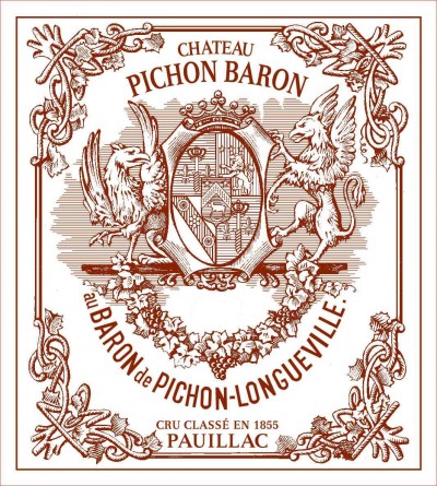 Etiqueta de vinho Château Pichon Baron com brasão e texto detalhado
