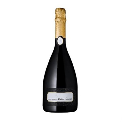Garrafa de champanhe preta com tampa dourada e rótulo Ataíde Semedo