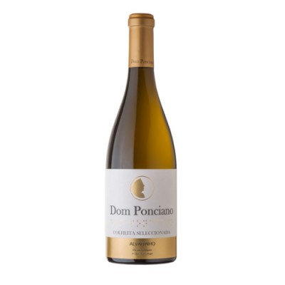 Garrafa de vinho branco Dom Ponciano com rótulo branco e dourado